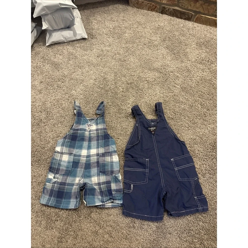 2 Lot Toddler Boys Oshkosh Vestbak Plaid Adjustable Overalls Shorts Size 18M